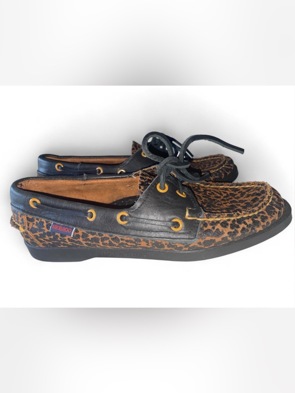 Sebago Dockiders Leopard Print Boat Shoes in Black & Brown. Womens 7.5M